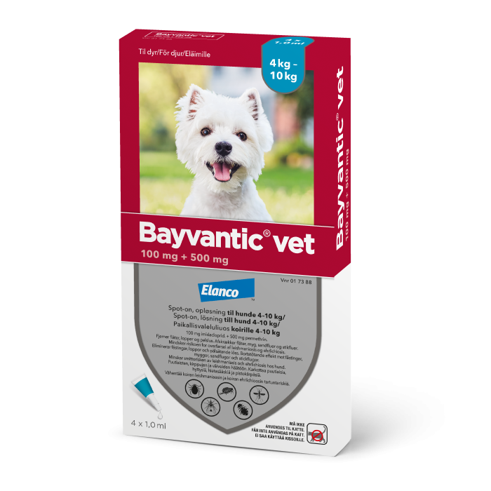 Bayvantic vet paikallisvaleluliuos 500/100 mg koirille 4–10 kg 4 x 1 ml