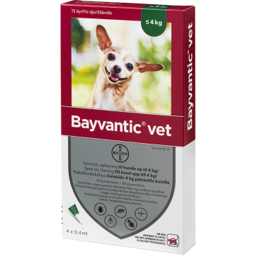 Bayvantic vet paikallisvaleluliuos 200/40 mg enintään 4 kg painaville koirille 4 x 0.4 ml